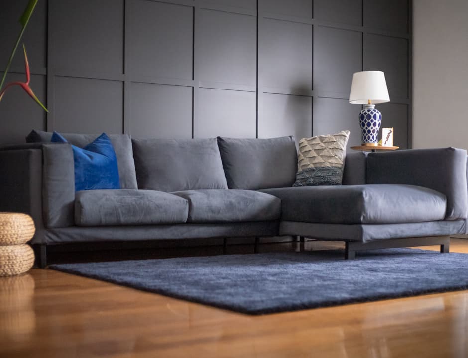 IKEA Nockeby Sectionals Sofa covered in Rouge Storm velvet slipcover by Comfort Works